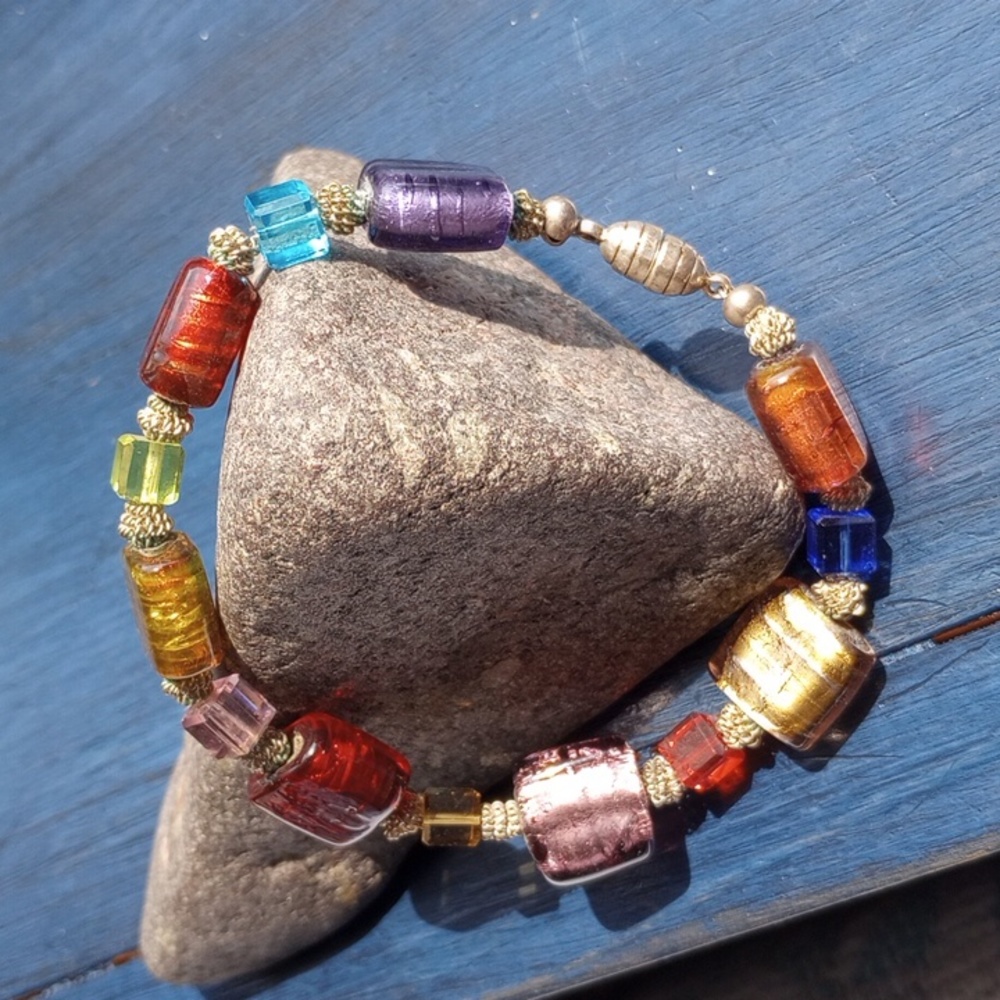 Colorful Silver foil glass art beads with square crystals, silver beads
